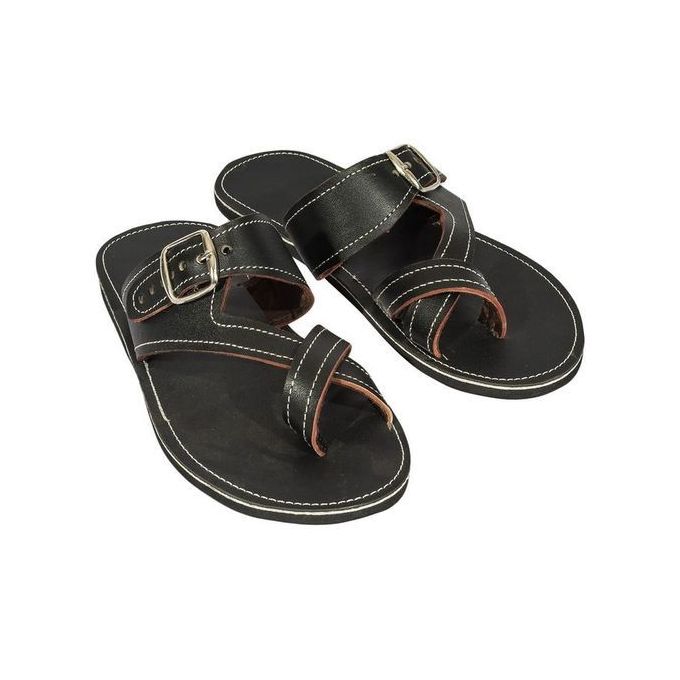 Phoelix Fashions Men’s Black Leather Buckle Sandals – All-Day Comfort & Timeless Style.