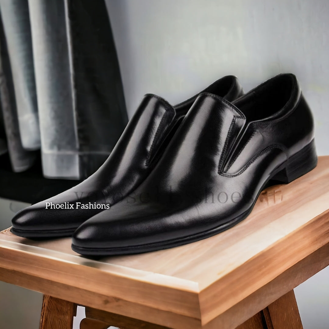 Phoelix Fashions Men’s Black Leather Slip-On Dress Shoes – Free Shoe Brush Gift.