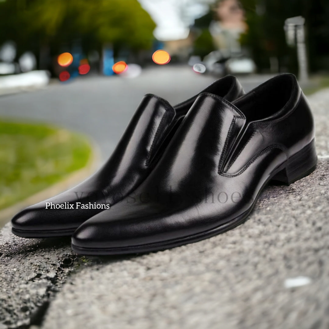 Phoelix Fashions Men’s Black Leather Slip-On Dress Shoes – Free Shoe Brush Gift.