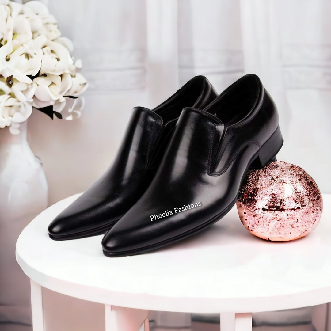 Phoelix Fashions Men’s Black Leather Slip-On Dress Shoes – Free Shoe Brush Gift.