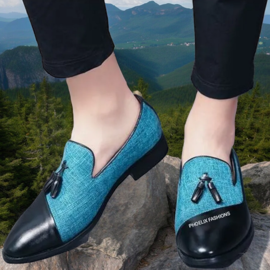 Men’s Teal Tassel Loafers – Black Leather Dress Shoes for Weddings & Formal Wear + Free Gift.