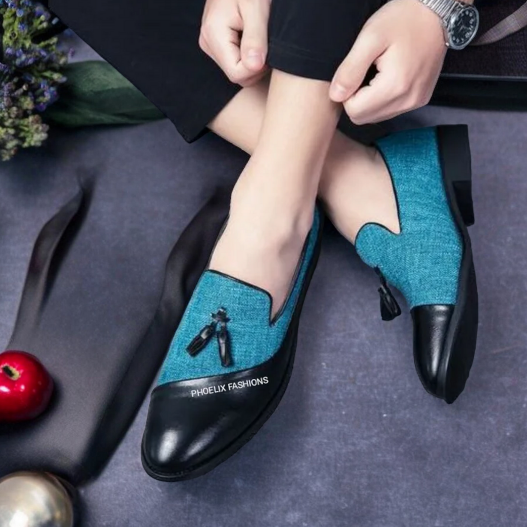 Men’s Teal Tassel Loafers – Black Leather Dress Shoes for Weddings & Formal Wear + Free Gift.