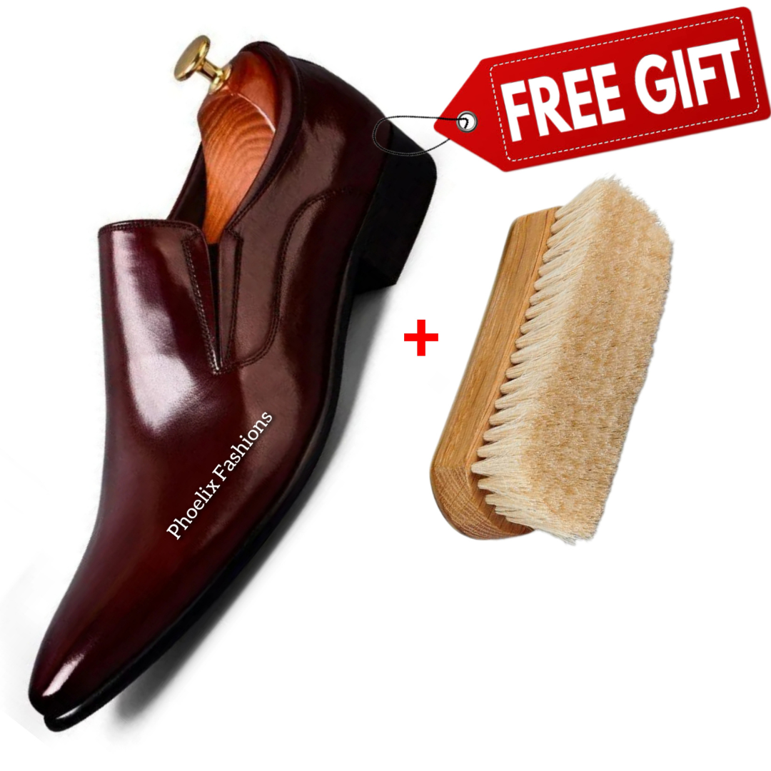 Phoelix Fashions Men’s Black Leather Slip-On Dress Shoes – Free Shoe Brush Gift.