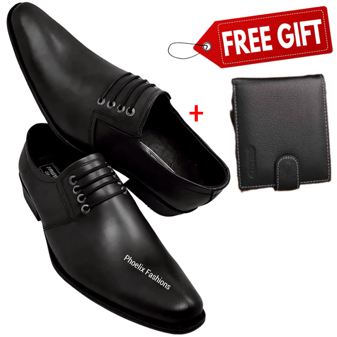 Phoelix Fashions Men’s Black Leather Derby Shoes – Free Black Wallet Gift.