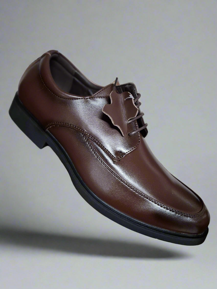 Brown leather shoe held by a hand against a white background
