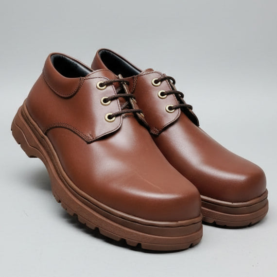 Brown leather shoes on a rack with Timberland boxes in the background