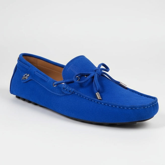 Blue loafer shoe held by a hand with a blurred background