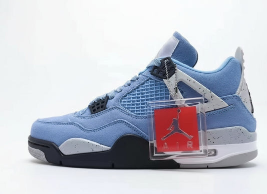 Blue sneaker with a clear tag featuring a red logo on a white background