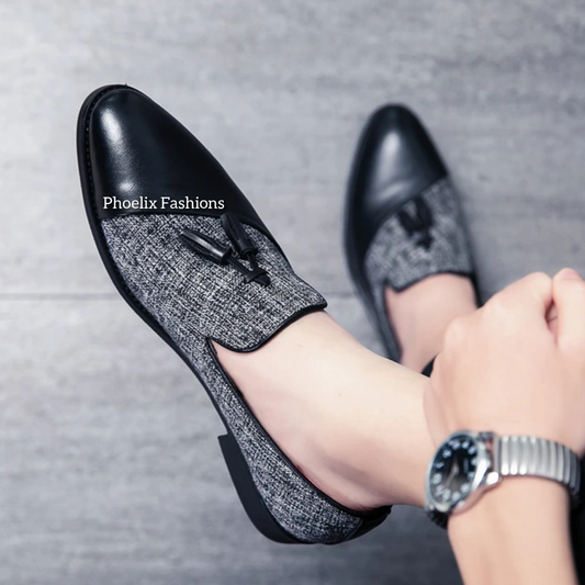 Men’s Teal Tassel Loafers – Black Leather Dress Shoes for Weddings & Formal Wear.