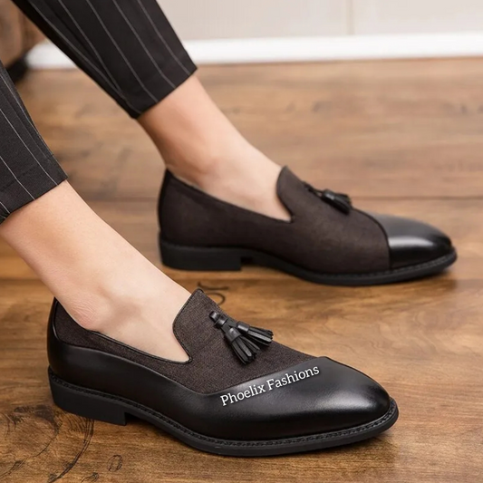 Men’s Teal Tassel Loafers – Black Leather Dress Shoes for Weddings & Formal Wear.