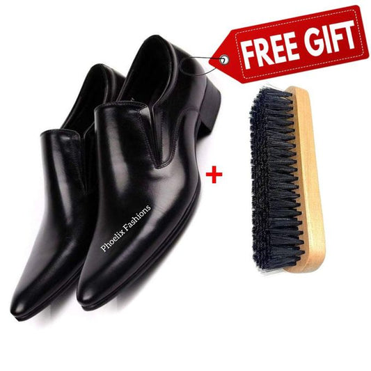 Phoelix Fashions Men’s Black Leather Slip-On Dress Shoes – Free Shoe Brush Gift.