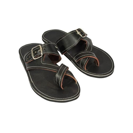 Phoelix Fashions Men’s Black Leather Buckle Sandals – All-Day Comfort & Timeless Style.