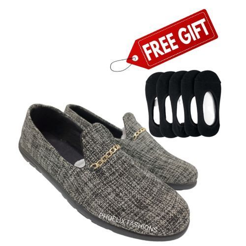GREY - Elegant Unisex AFRICAN Ankara Loafers + FREE PAIR OF INVISIBLE SOCKS.