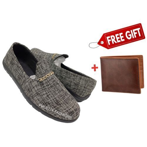 GREY - Elegant Unisex AFRICAN Ankara Loafers + FREE PURE LEATHER WALLET.
