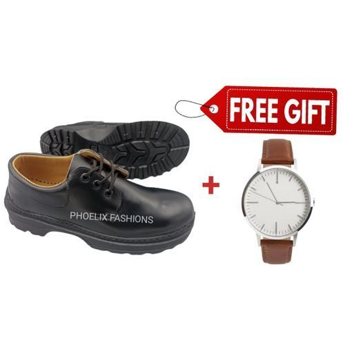 STITCHED/THREADED Genuine Pure Leather Back To School Shoes + FREE WRIST WATCH
