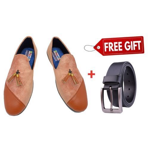 BEIGE/BROWN - Elegant Unisex AFRICAN Ankara Loafers + FREE PURE LEATHER BELT.