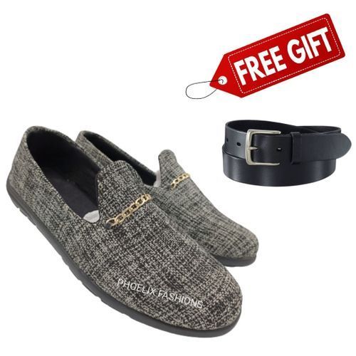 GREY - Elegant Unisex AFRICAN Ankara Loafers + FREE PURE LEATHER BELT.