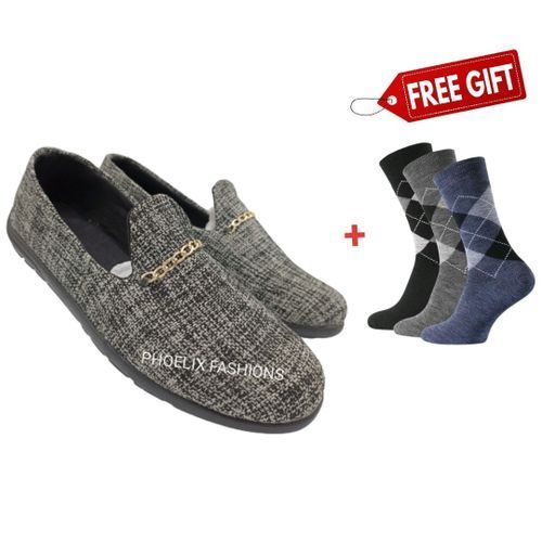 GREY - Elegant Unisex AFRICAN Ankara Loafers + FREE PAIR OF SOCKS.