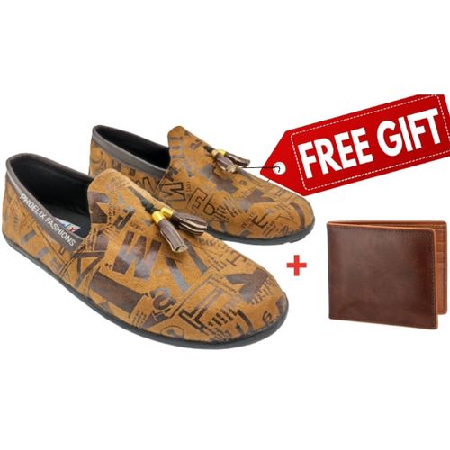 BROWN UNISEX AFRICAN ANKARA LOAFERS + FREE PURE LEATHER WALLET.