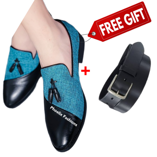 Men’s Teal Tassel Loafers – Black Leather Dress Shoes for Weddings & Formal Wear + Free Gift.