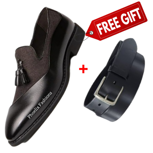 Men’s Teal Tassel Loafers – Black Leather Dress Shoes for Weddings & Formal Wear + Free Gift.