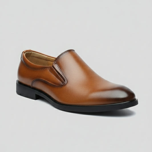 Brown leather shoe on a car seat with a blurred background