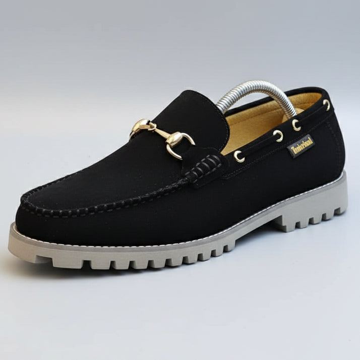 Black loafer shoe with gold buckle held by a hand, blurred background