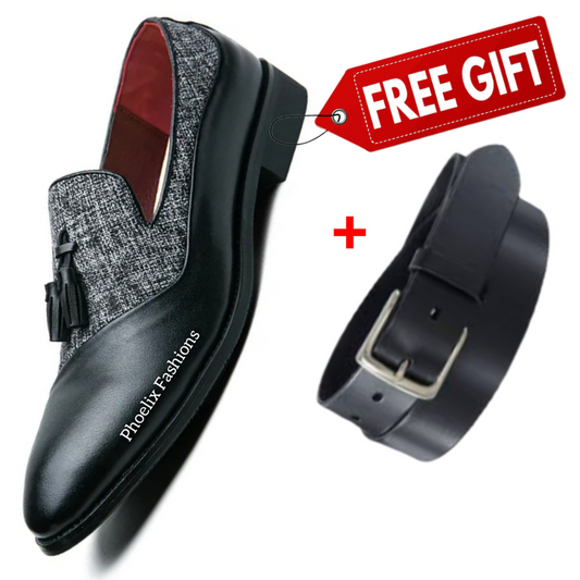 Men’s Teal Tassel Loafers – Black Leather Dress Shoes for Weddings & Formal Wear + Free Gift.