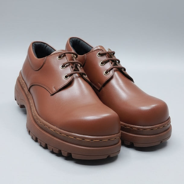 Brown leather shoes held by a hand with shoe boxes in the background