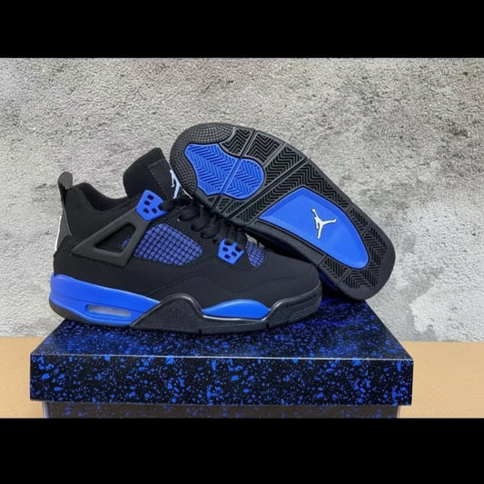 Black and blue sneakers on a platform with a textured background