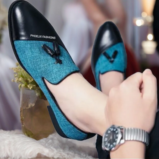 Men’s Teal Tassel Loafers – Black Leather Dress Shoes for Weddings & Formal Wear.
