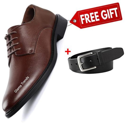 Phoelix Fashions Men’s Brown Leather Derby Shoes – Free Black Belt Gift