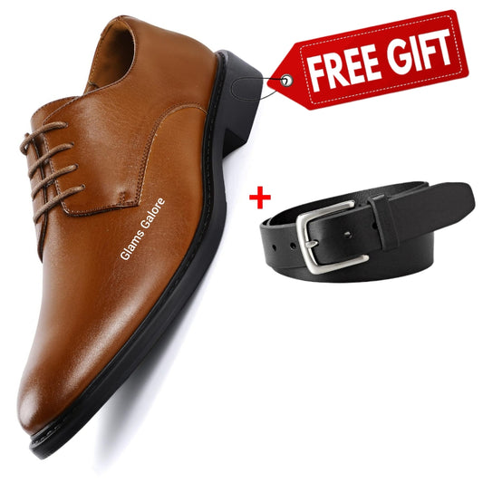 Phoelix Fashions Men’s Brown Leather Derby Shoes – Free Black Belt Gift.
