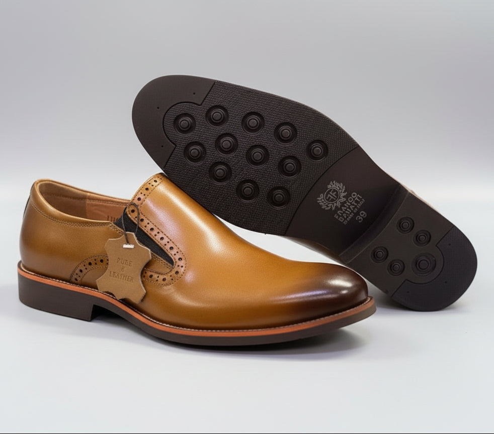 Franco Bannatti Pure Leather Perforated-Slip Loafers – Tan / Black