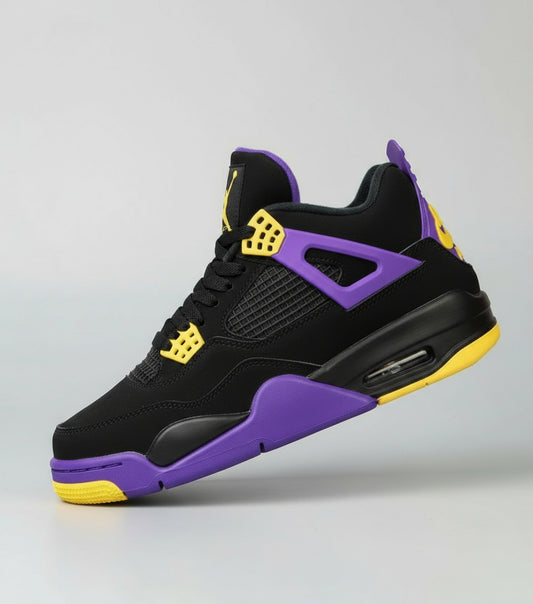 Black and purple sneaker with yellow accents on a white background