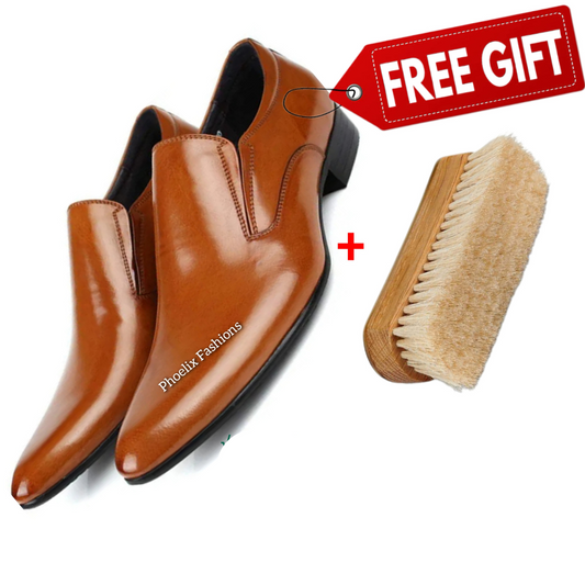 Brown leather shoes with a shoe brush and 'Free Gift' tag on a white background