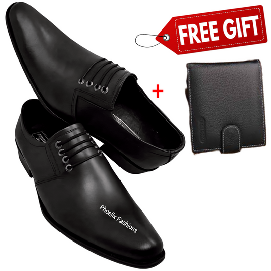 Phoelix Fashions Men’s Black Leather Derby Shoes – Free Black Wallet Gift.
